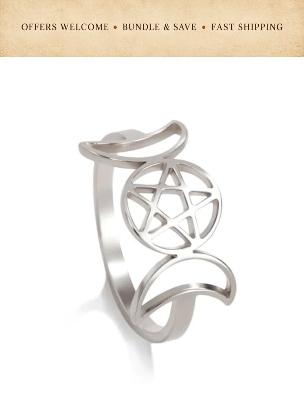 Stainless Steel Triple Moon Goddess Ring Wicca Pagan Jewelry Band